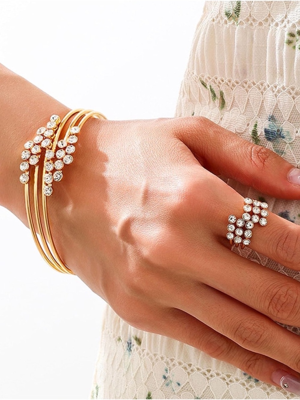 Gold Crystal Cluster Bracelet and Ring Set